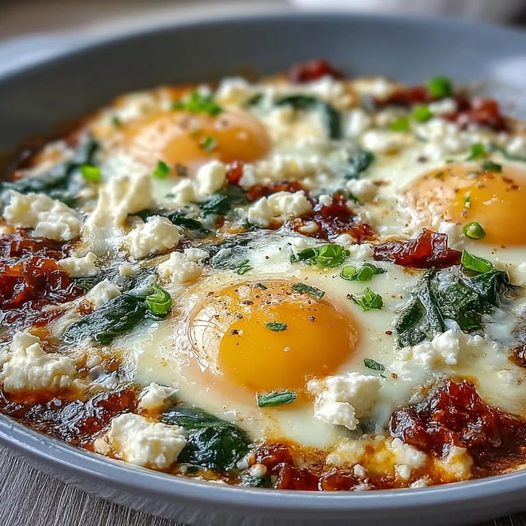 Creamy feta and fresh spinach elevate this easy shakshuka recipe, with runny eggs nestled in a smoky paprika-tomato base.  