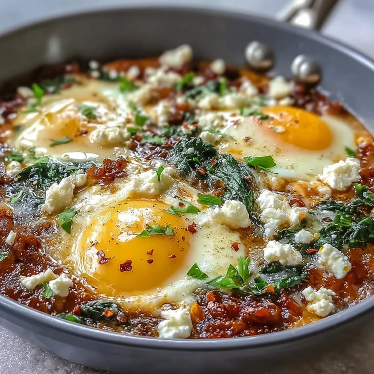 Aromatic cumin and smoked paprika flavor this vegetarian shakshuka, featuring wilted spinach, crumbled feta, and perfectly poached eggs.