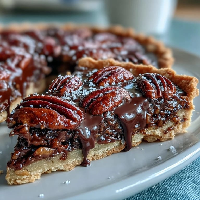Decadent chocolate bourbon pecan tart with a flaky crust, waiting to be served.