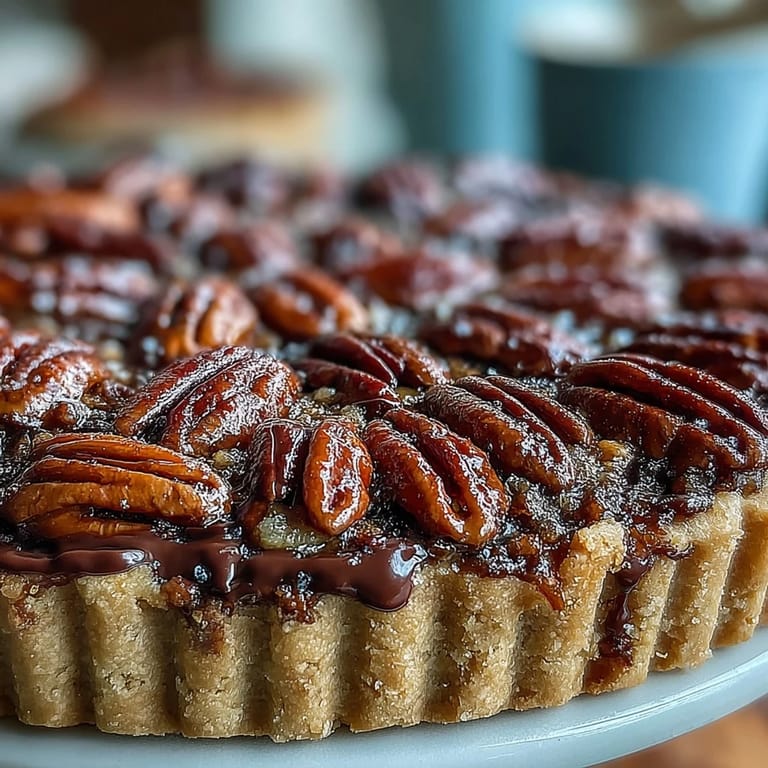 Close-up of a luscious Kentucky Derby Chocolate Bourbon Pecan Tart glistening.