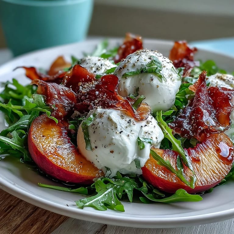Juicy peaches, creamy burrata, and salty prosciutto shine in this summer salad.