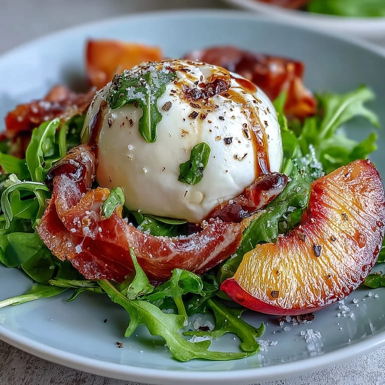 Taste summer's bounty: Burrata Peach Salad with arugula and balsamic glaze.