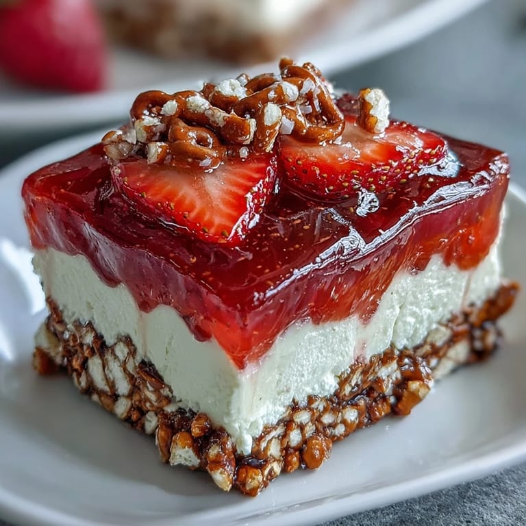 Bright red strawberry gelatin tops creamy cheesecake and crunchy pretzel crust delight.
