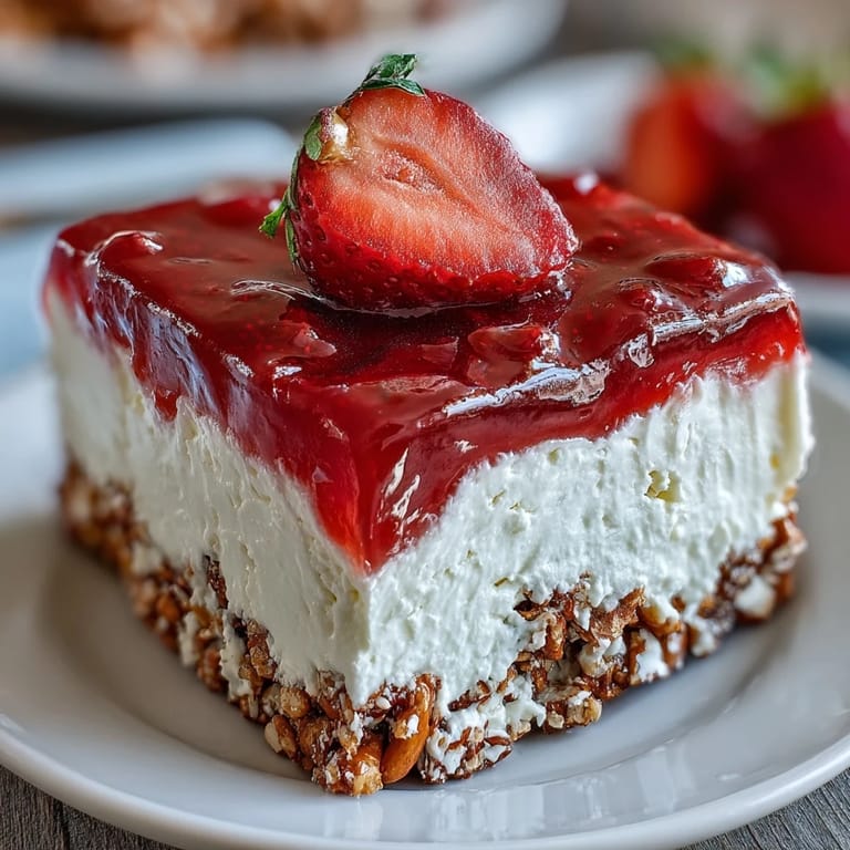 A festive, chilled Memorial Day strawberry pretzel salad perfect for summer picnic dessert.
