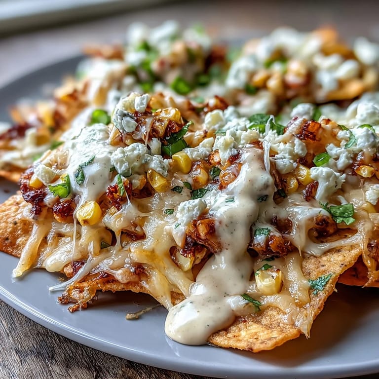 Festive elote nachos piled high with melted cheese and fresh cilantro.