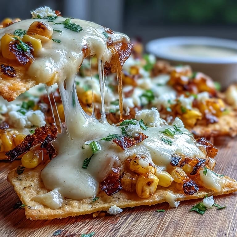 Delicious elote nachos served with zesty lime and a creamy drizzle.