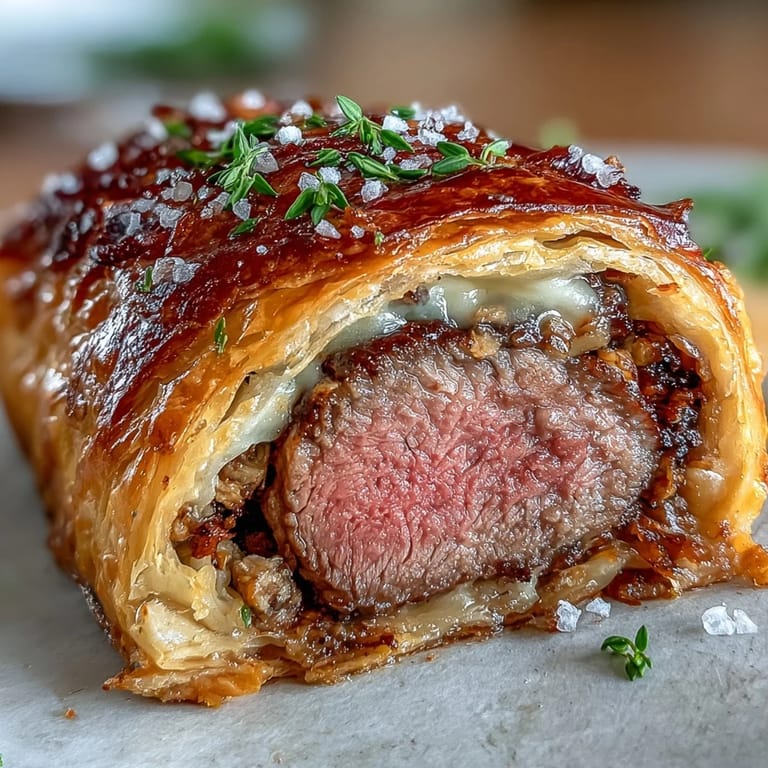 Classic British Beef Wellingtons feature seared filet, prosciutto, mushroom duxelles, and buttery puff pastry baked to golden perfection.