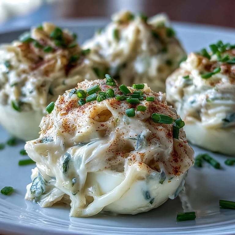 Flavorful Crab Cake Deviled Eggs topped with Old Bay seasoning for a seafood twist.