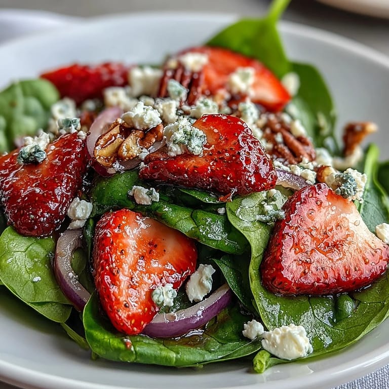 Fresh baby spinach tossed with juicy strawberries, red onion, and crunchy nuts, topped with crumbled goat cheese and balsamic vinaigrette.  