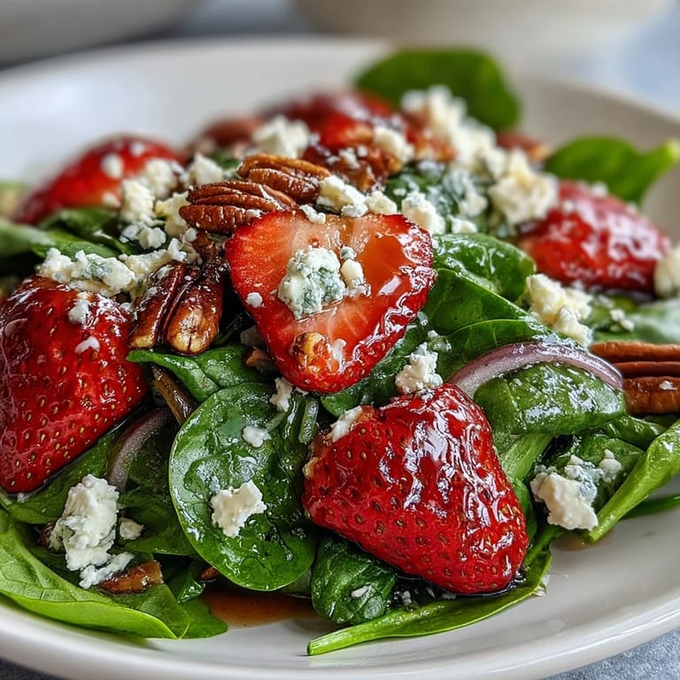 A colorful spring salad featuring ripe strawberries, tender spinach leaves, toasted almonds, and creamy goat cheese, dressed in honey balsamic vinaigrette.