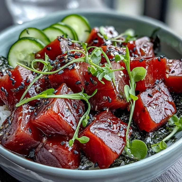 Vibrant spring tuna poke bowl featuring sushi rice, colorful veggies, and a tangy ponzu marinade.  