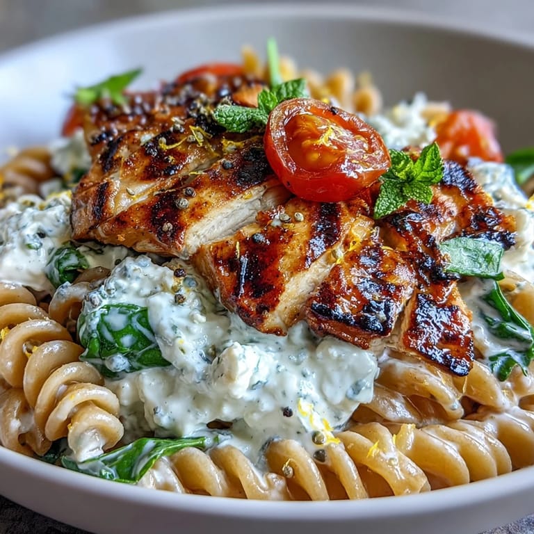 Creamy cottage cheese pasta topped with tender grilled chicken and sautéed spinach in a protein-rich bowl.  