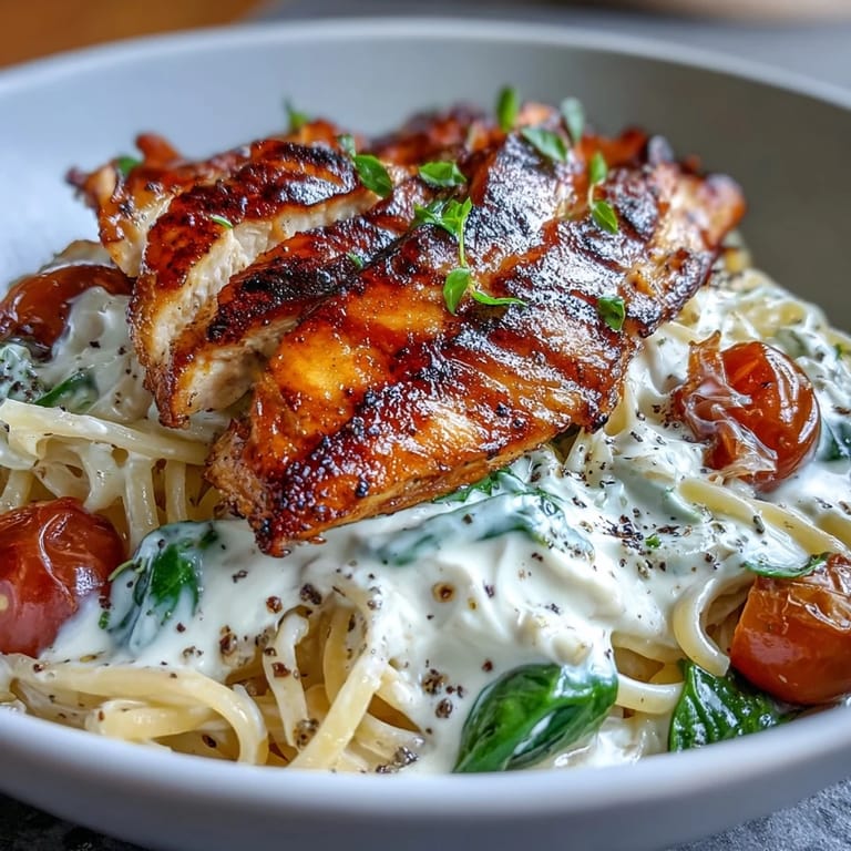 Wholesome pasta dish featuring juicy grilled chicken, cottage cheese, and vibrant spinach for a healthy dinner.