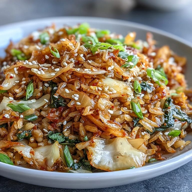 Tangy kimchi and crisp napa cabbage combine in savory fried rice, topped with a runny yolk for richness.
