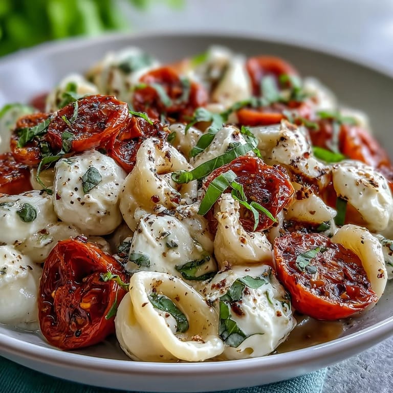 Taste of summer: Caprese Pasta with luscious burrata and fragrant basil leaves.