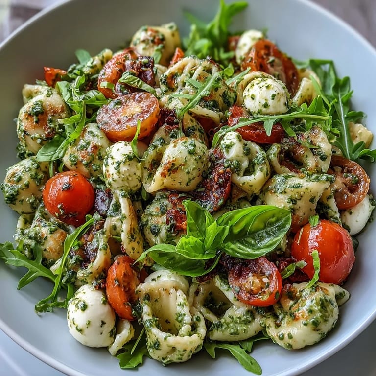 Easy Caprese Pasta Salad loaded with fresh pesto and soft cheese.