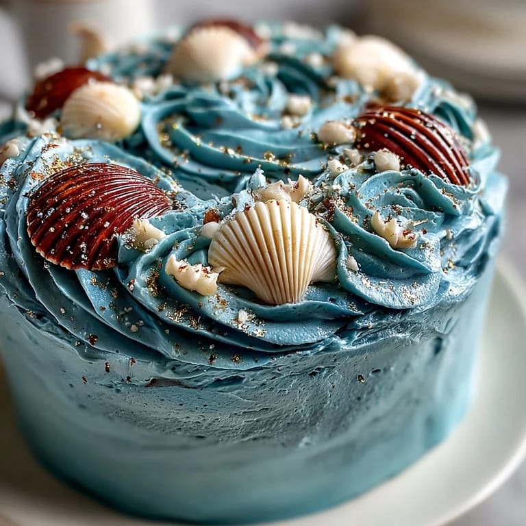 Enchanting Cancer Zodiac Cake, featuring ocean blue buttercream and shells.