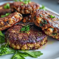 Golden-brown Black-Eyed Pea Burger Patties fresh from the oven, sitting on a rustic wooden board.