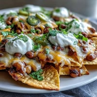 Golden-brown tortilla chips topped with black-eyed peas, melted cheddar, sour cream, jalapeños, tomatoes, and cilantro on a rustic platter.