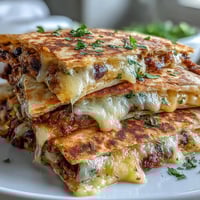 Golden-brown Black-Eyed Pea Quesadilla wedges stuffed with creamy mashed beans and gooey melted cheese on a rustic plate.
