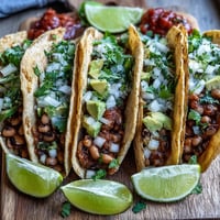 Vibrant Black-Eyed Pea Tacos filled with seasoned mashed peas, topped with fresh cilantro and onion.