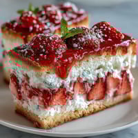 Tangy strawberry lemonade bars with a buttery shortbread crust, dusted with powdered sugar for a bright, refreshing dessert.