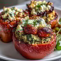 Vibrant stuffed bell peppers with quinoa, herbs, and vegetables, baked until tender and golden.  