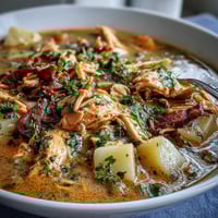 Slow Cooker Chicken Pot Pie Soup with tender chicken, hearty vegetables, and creamy broth in a cozy bowl.
