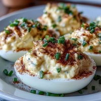 Creamy deviled eggs topped with smoky paprika and fresh chives, a classic appetizer perfect for parties.  