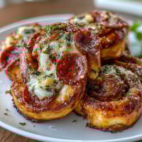 Flaky pastry pinwheels oozing with gooey mozzarella, zesty marinara, and pepperoni slices. Perfect party appetizer or quick snack.  