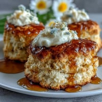 Golden scones infused with delicate dandelion honey, served warm with a generous dollop of rich clotted cream for a classic British treat.
