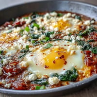 Vibrant spinach and feta shakshuka with poached eggs in a spiced tomato sauce, served with crusty bread for dipping.  