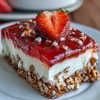 Colorful Memorial Day Strawberry Pretzel Salad dessert with creamy, fruity layers ready for slicing.
