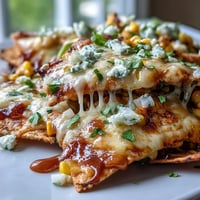 Golden Cinco de Mayo Elote Nachos topped with smoky chipotle crema.