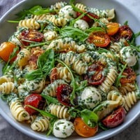 Vibrant Caprese Pasta Salad with juicy tomatoes and creamy mozzarella pearls.