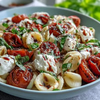 Summer Caprese Pasta with Burrata, bursting with fresh basil and creamy cheese.